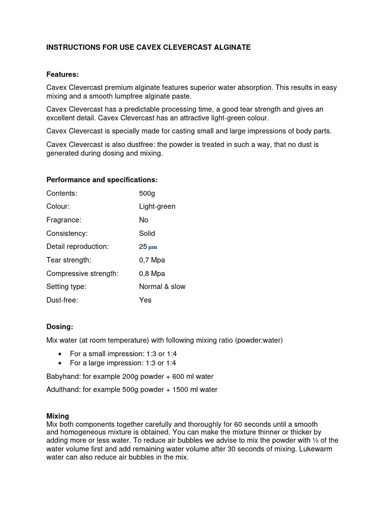 Cavex Clevercast Alginate Instructions | PDF | Water | Materials Science