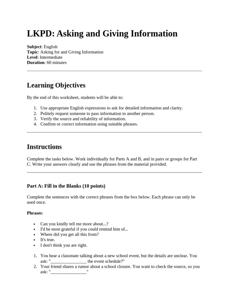 Asking and Giving Information Worksheet | PDF | Fluency | Human ...