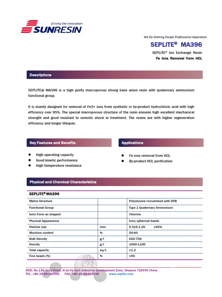 SEPLITE® MA396 Ion Exchange Resin Guide | PDF | Hydrochloric Acid ...