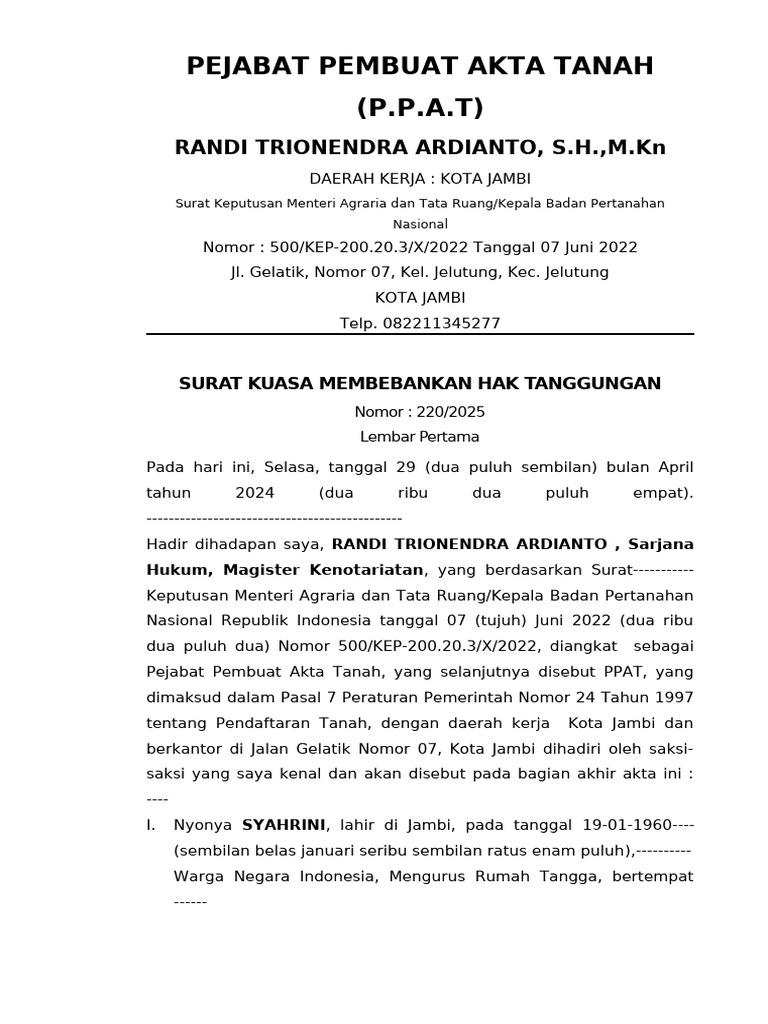 Surat Kuasa Membebankan Hak Tanggungan Randi | PDF