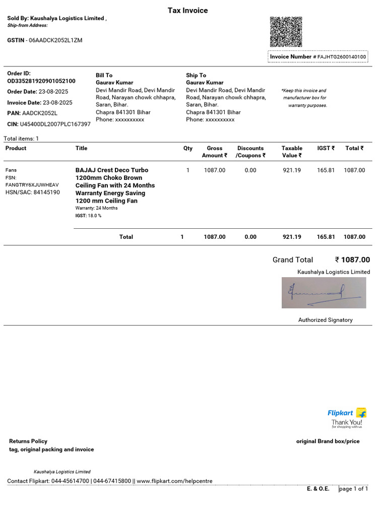 Invoice for Bajaj Ceiling Fan Purchase | PDF | Economies | Government ...