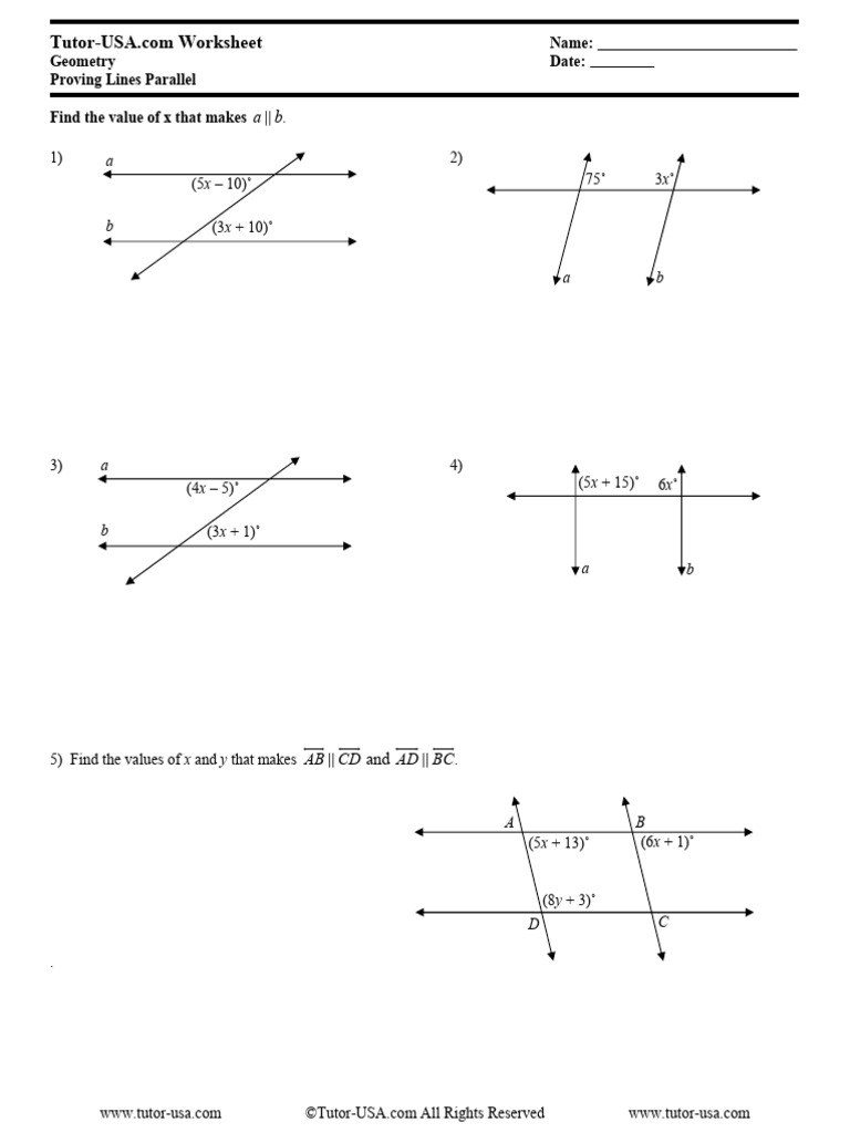 Proving Lines Parallel Worksheet | PDF | Geometry | Euclidean Geometry