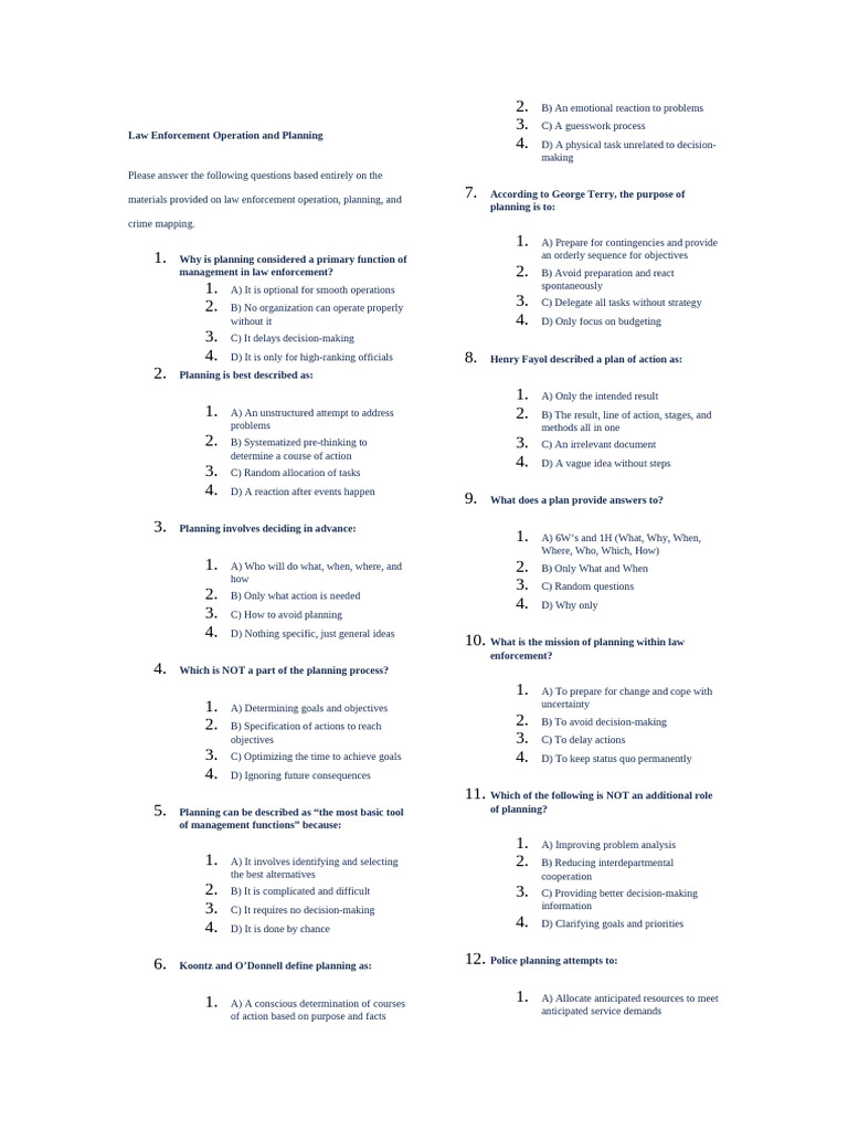 PRELIM EXAM Law Enforcement Operation and Planning | PDF | Policy ...