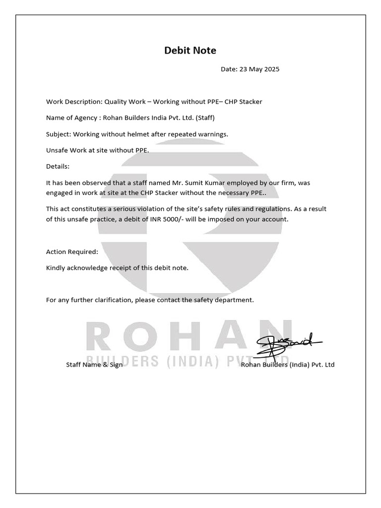 Debit Note for PPE Violation - Rohan Builders | PDF