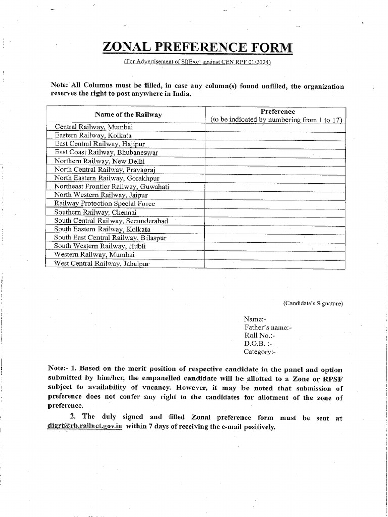 RPF012024SI-Zonal Preference Form | PDF