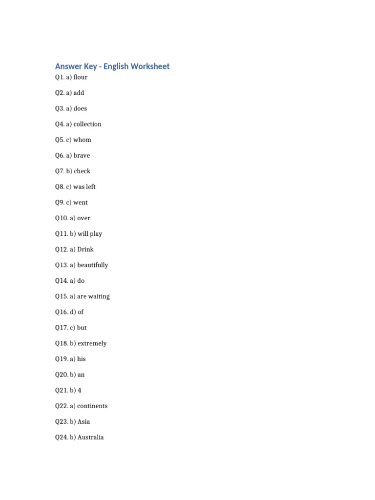 English Worksheet Answer Key | PDF