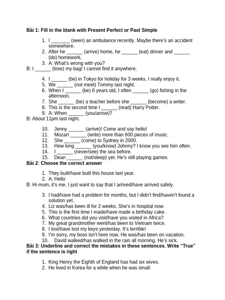 Present Perfect vs Past Simple Exercises | PDF