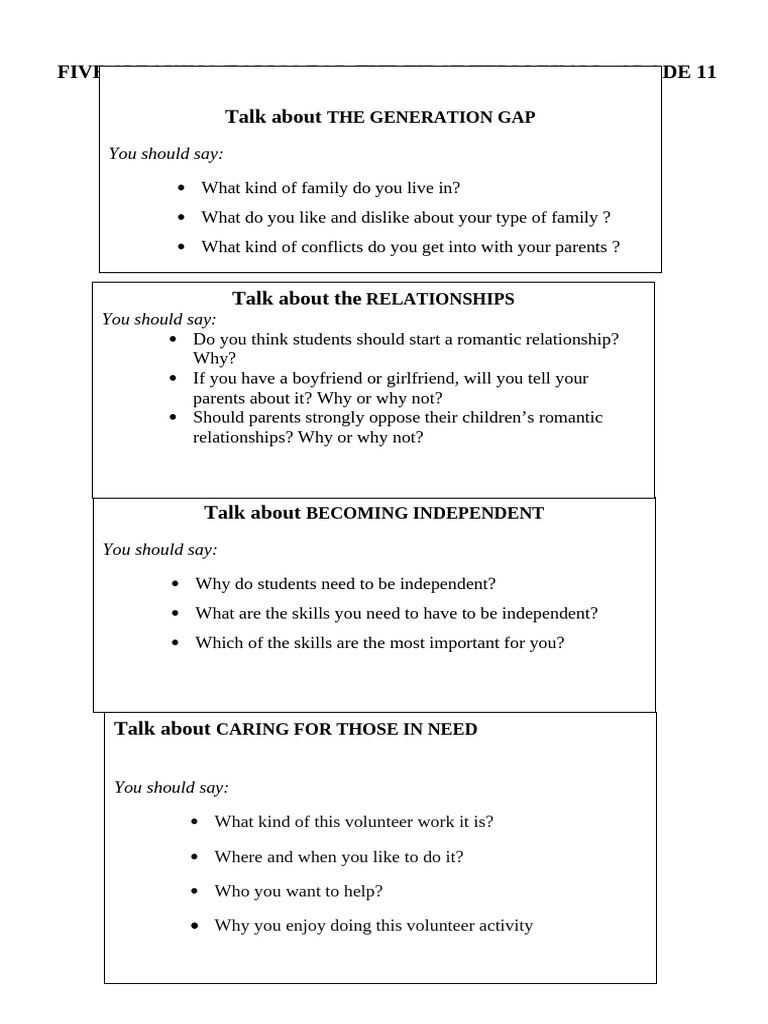 Five Speaking Topics For The First Term Exam Grade 11 | PDF
