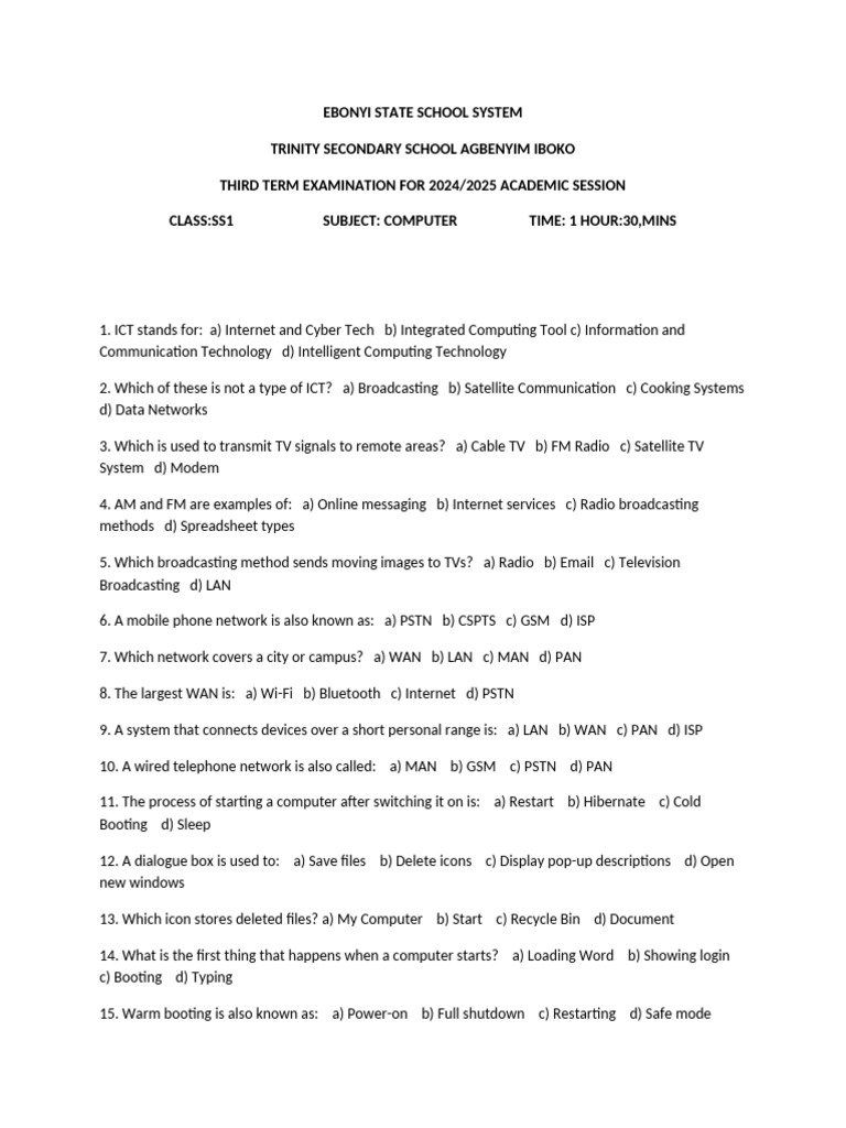 SS1 Computer Exam Questions 2024/2025 | PDF | Computer Network ...