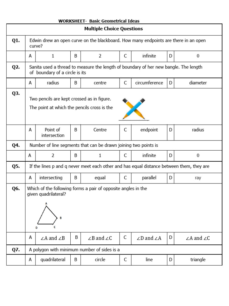 Basic Geometry MCQ Worksheet | PDF | Circle | Triangle