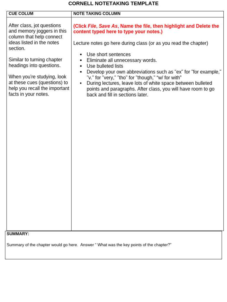Cornell Note Taking Template Guide | PDF