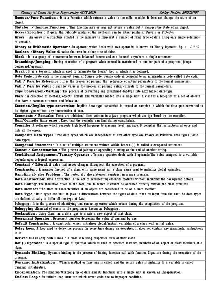 Java Programming Terms Glossary | PDF | Control Flow | Variable ...