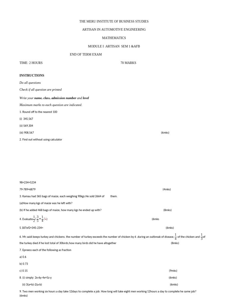Automotive Engineering Exam Mathematics | PDF
