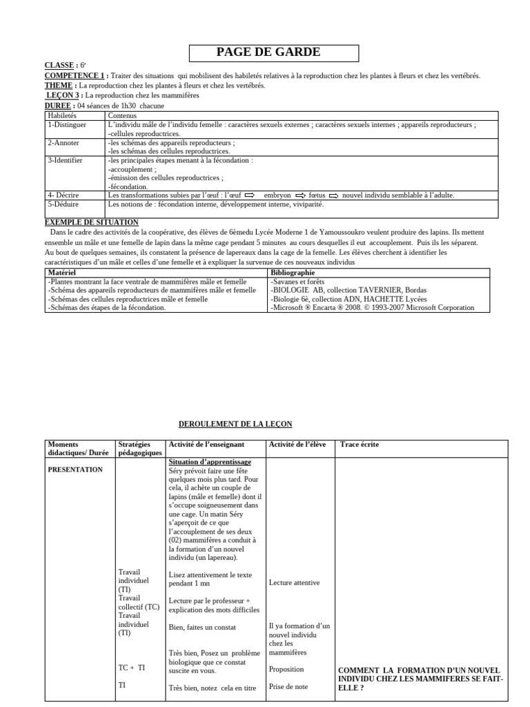 Reproduction des mammifères en 6e PDF Fécondation Mâle — free download