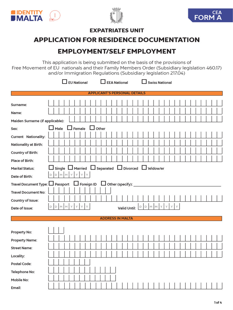 CEA Form A: Residence Application Malta | PDF | Identity Document ...