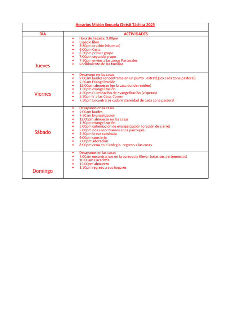 Horarios Misión Sequela Christi 2025-WPS Office | PDF