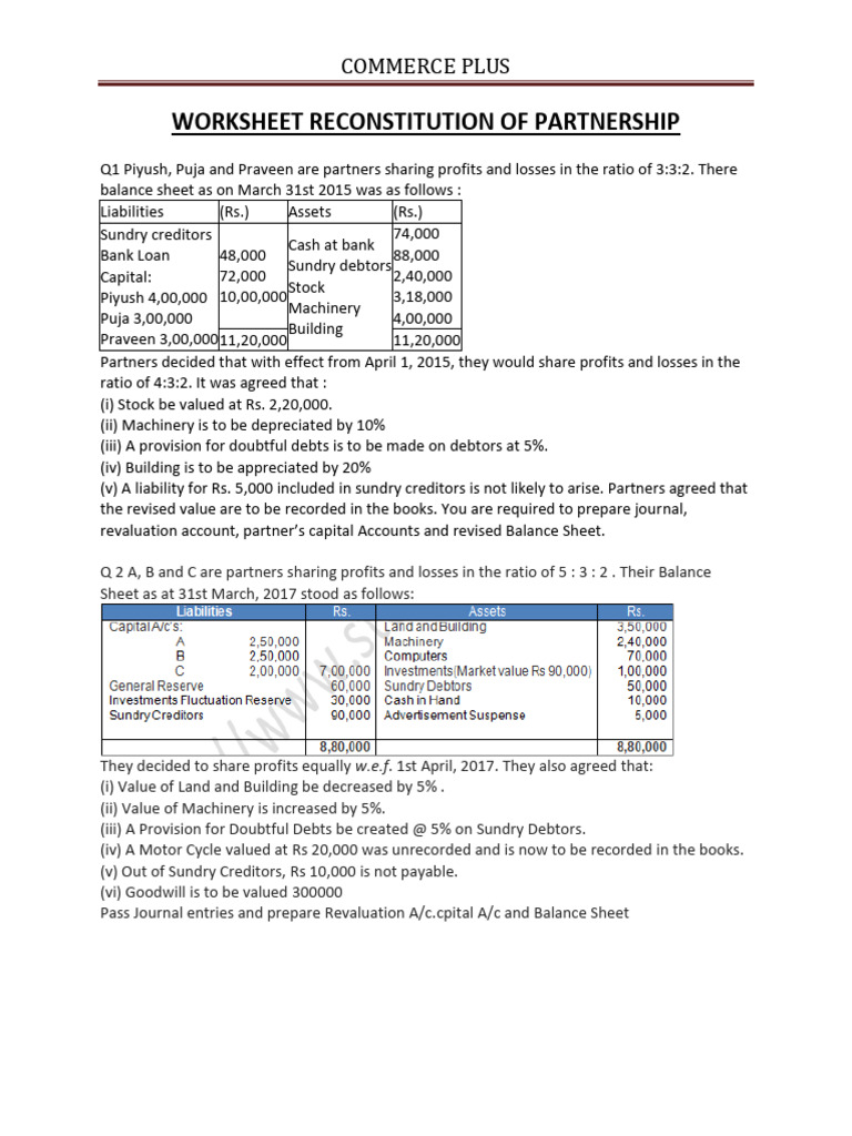 Partnership Reconstitution Worksheet | PDF | Balance Sheet | Private Sector