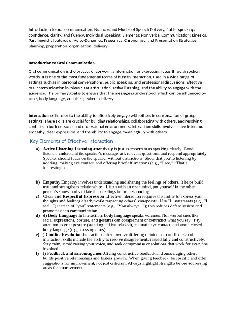 Oral Communication Essentials Guide | PDF | Body Language | Nonverbal ...