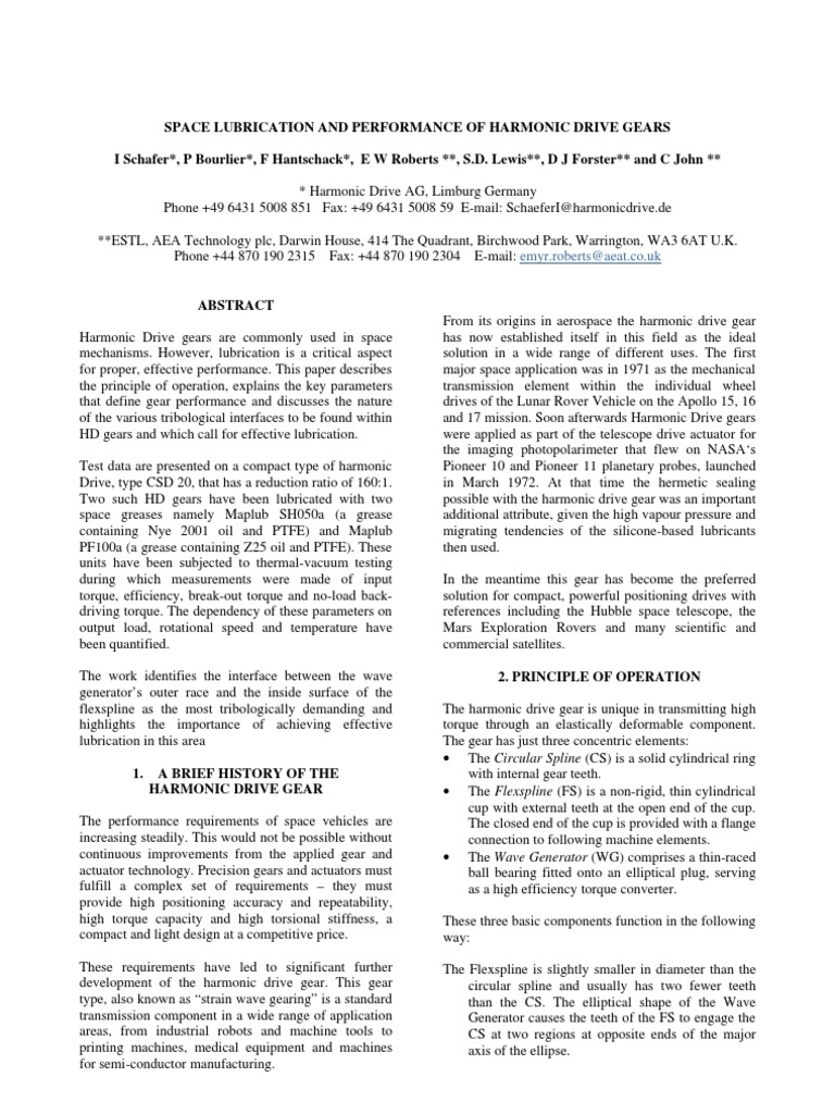 Space Lubrication and Performance of Harmonic Drive Gears | PDF | Gear ...