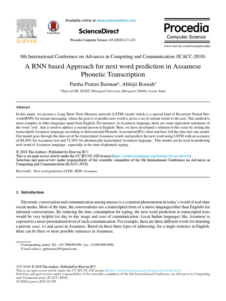 A RNN Based Approach For Next Word Prediction in Assam 2018 Procedia ...