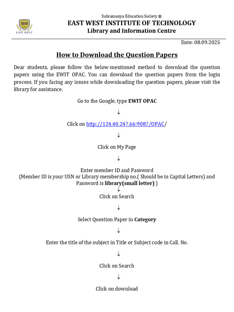 Download Question Papers via EWIT OPAC | PDF