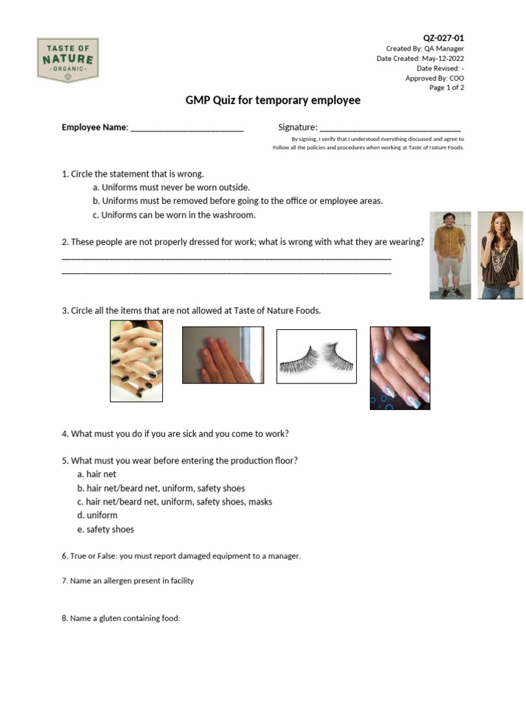 GMP Quiz for Temporary Employees | PDF