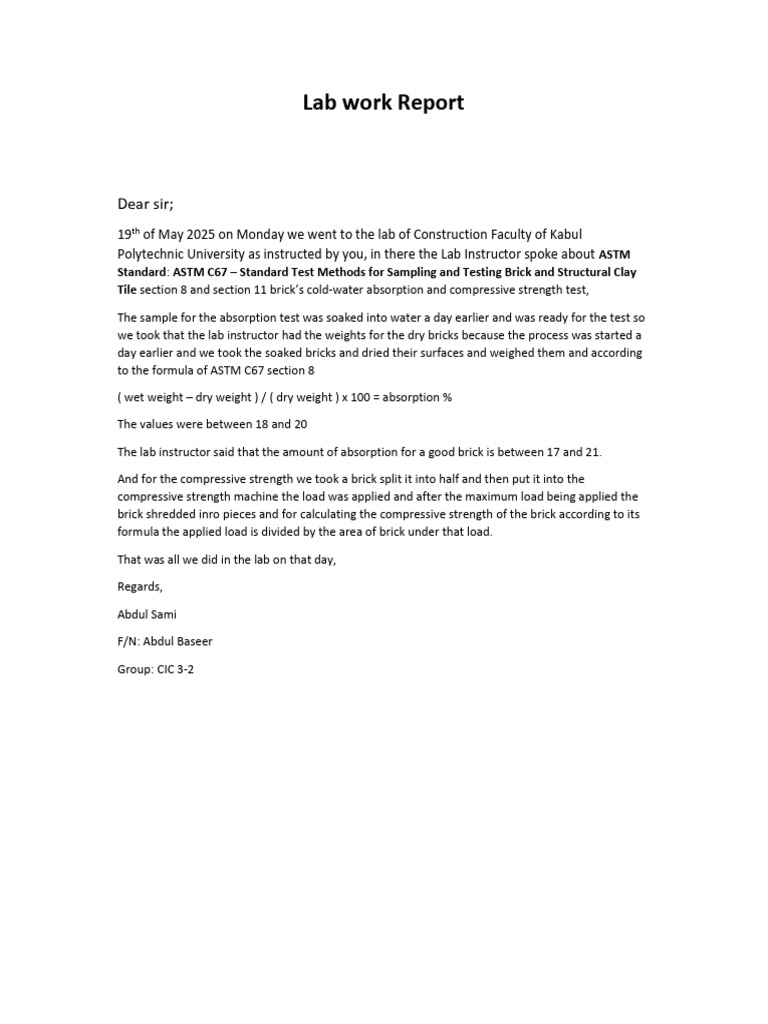 Brick Testing Lab Report Summary | PDF