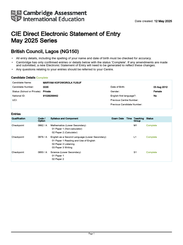 CIE 2025 Electronic Statement of Entry | PDF