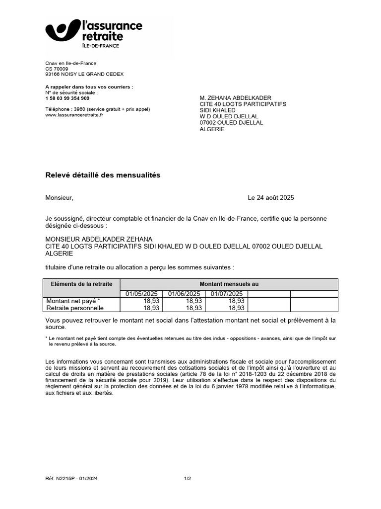 Attestation de retraite de M. Zehana | PDF | Impôts | Retraite