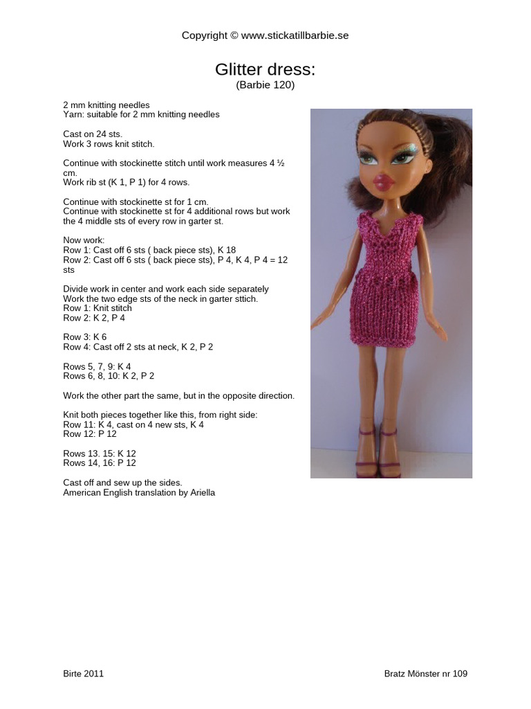 Knitting Pattern for Barbie Glitter Dress | PDF