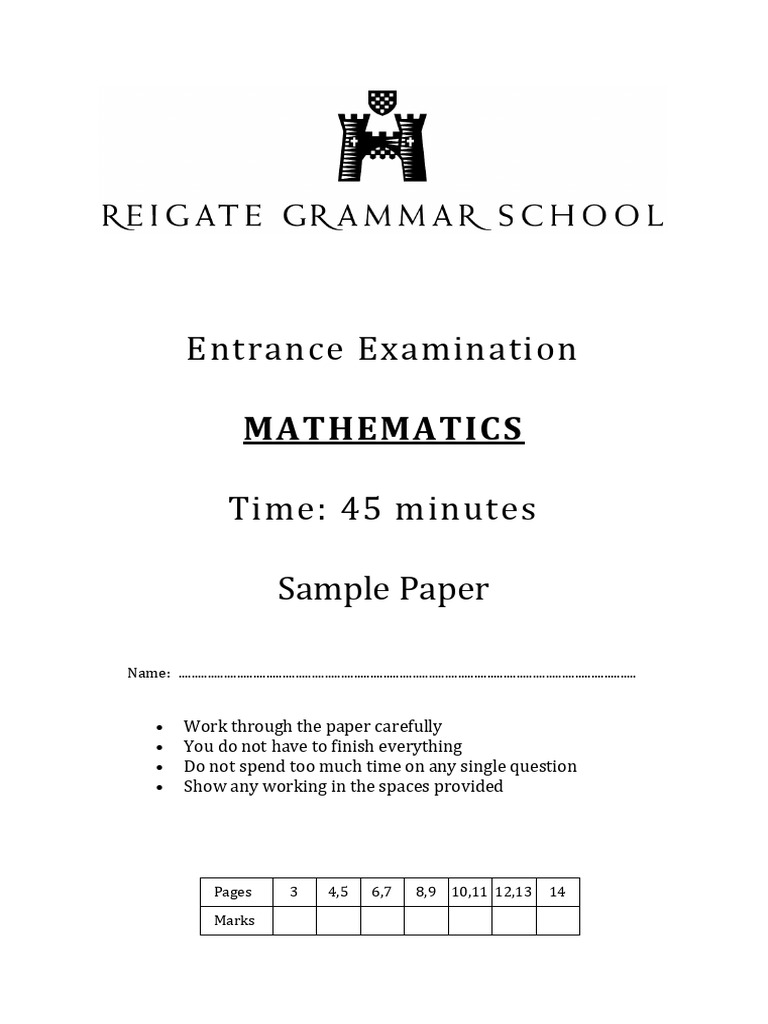Mathematics Entrance Exam Sample Paper | PDF | Elementary Mathematics ...