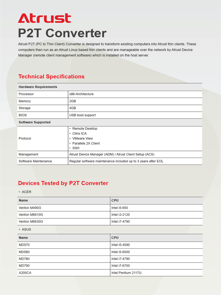 Atrust P2T Converter Specifications | PDF | Intel | Dell