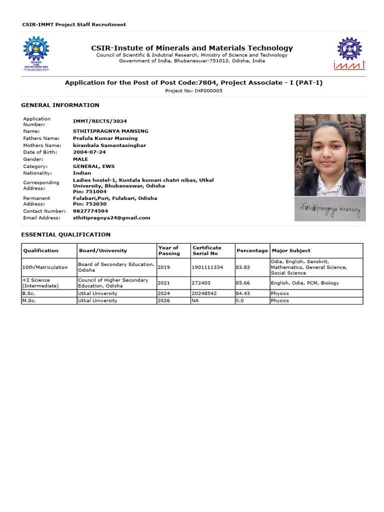 CSIR-IMMT Project Associate Application | PDF