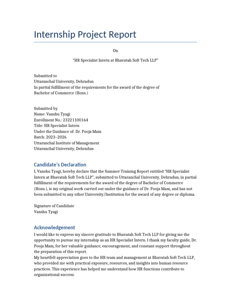 HR Specialist Internship Report at Bhavatah | PDF | Human Resource ...
