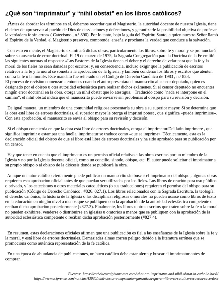 Imprimatur y Nihil Obstat en libros católicos | PDF | Iglesia Católica ...