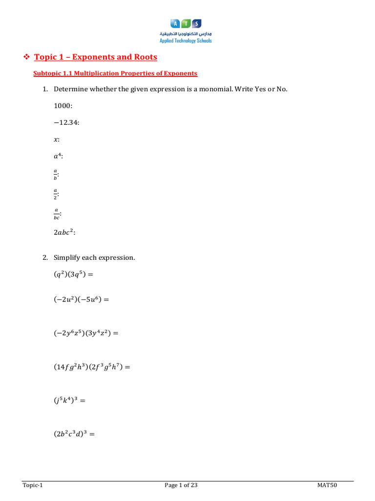 Exponents and Roots: Properties & Examples | PDF | Circle | Area