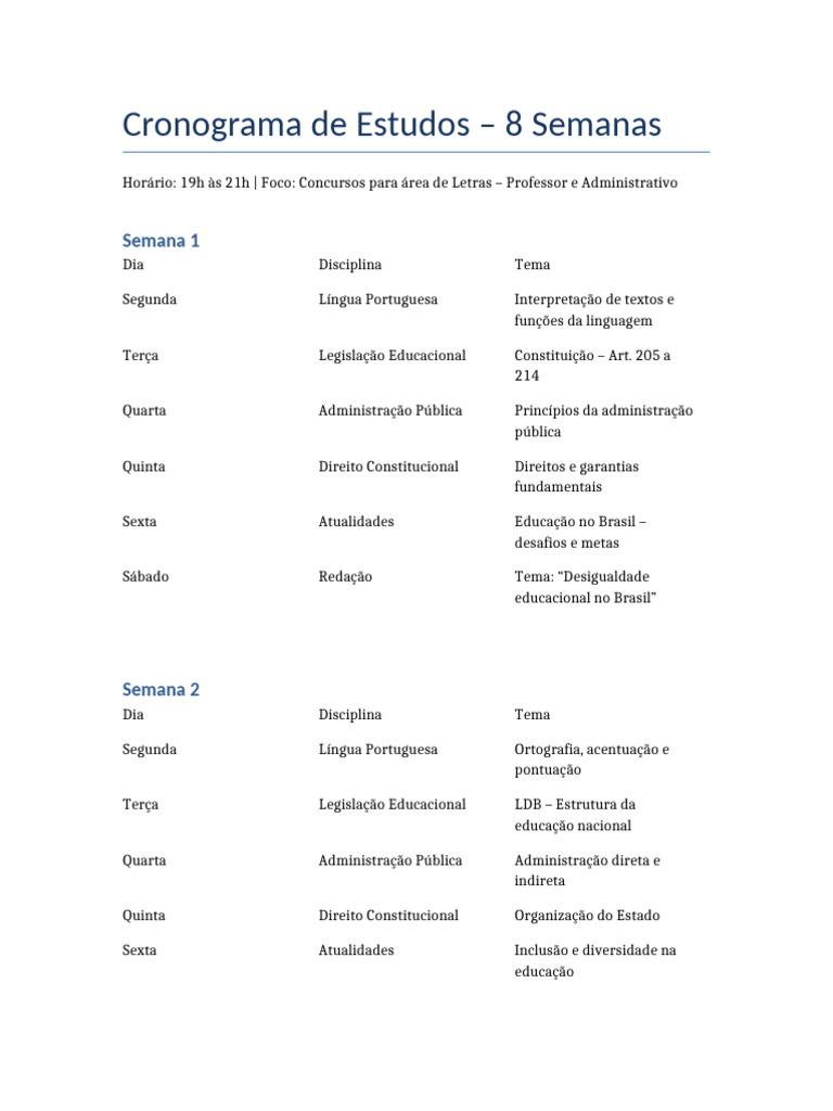 Cronograma de Estudos para Concursos de Letras | PDF | Constituição ...