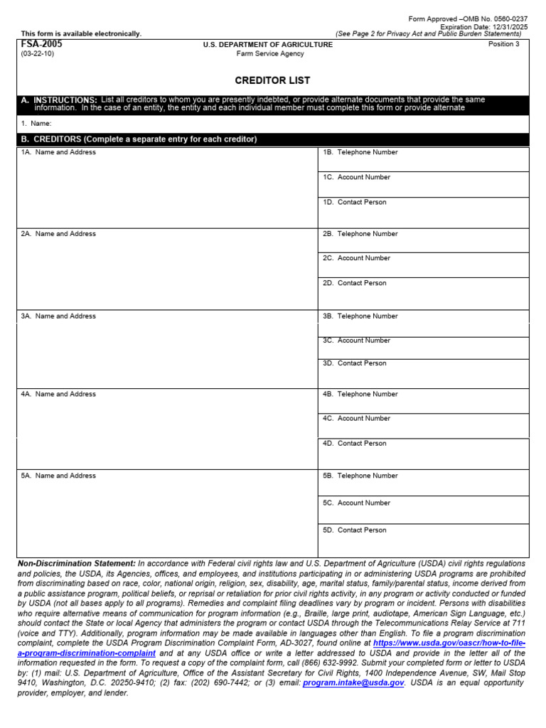 USDA Creditor List Form FSA-2005 | PDF | United States Department Of ...