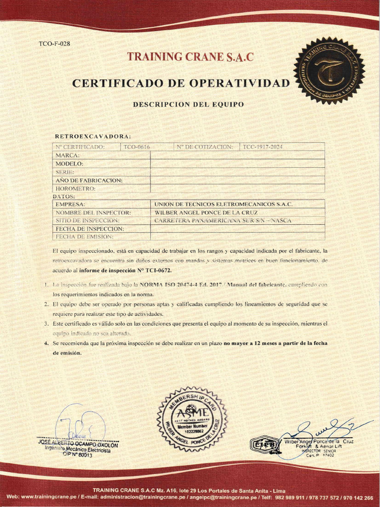Certificado de Operatividad Retroexcavadora | PDF