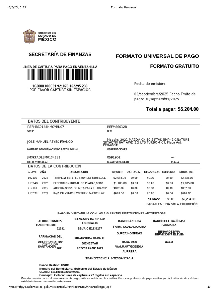 Línea de Captura para Pago Tenencia 2025 | PDF | Bancos | Finanzas ...