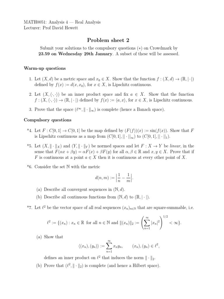 MATH0051 Real Analysis Problem Sheet 2 | PDF | Algebra | Mathematics