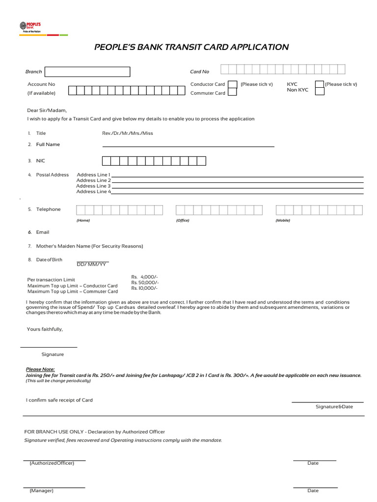 People's Bank Transit Card Application | PDF | Banks | Cash