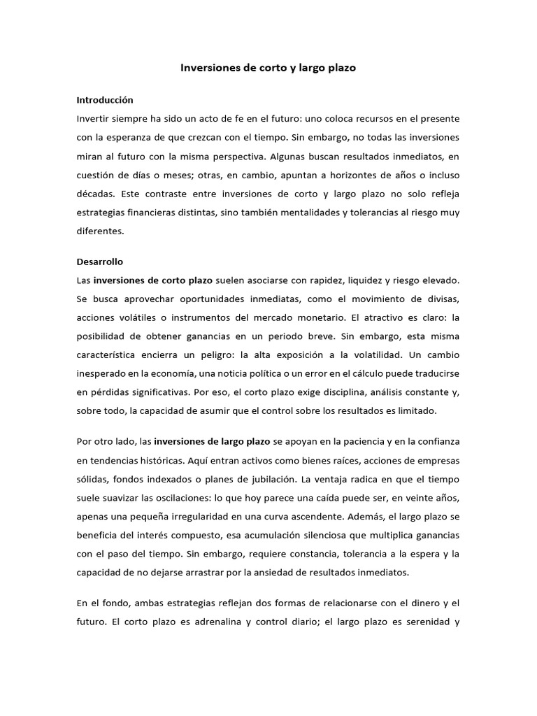 Inversiones: Corto vs. Largo Plazo | PDF | Inversiones | Compartir ...