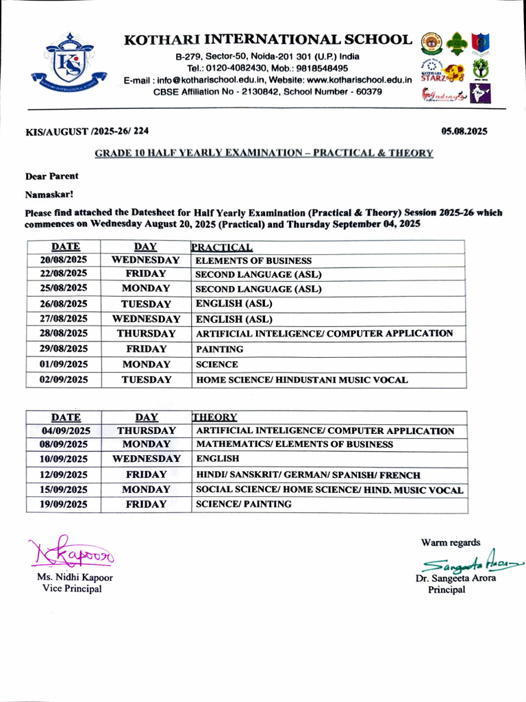 Grade 10 Half Yearly Exam Schedule 2025 | PDF