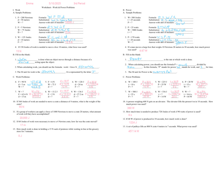Work and Power Problem Worksheet | PDF | Force