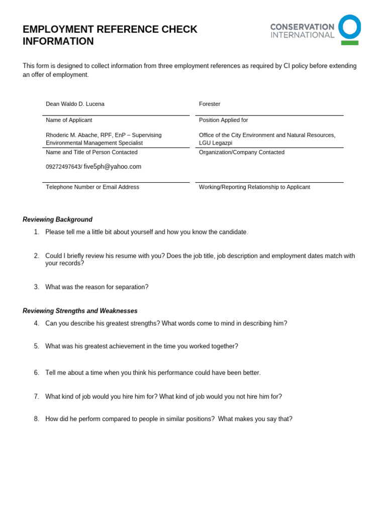 Employment Reference Check Form | PDF