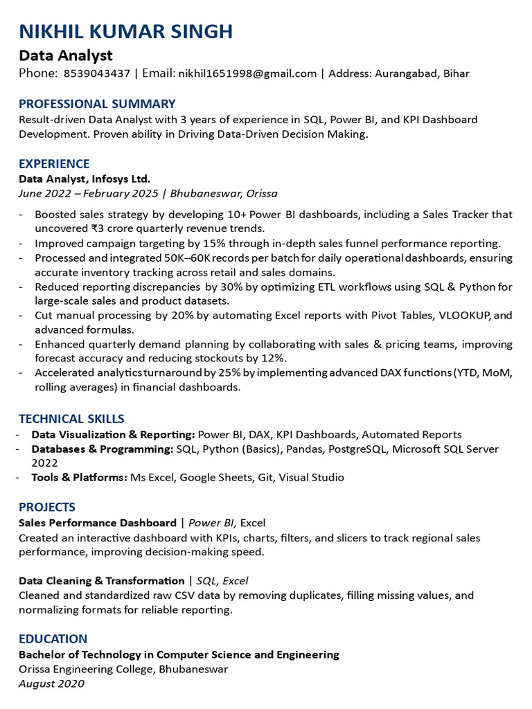 Data Analyst Resume - Nikhil Kumar Singh | PDF