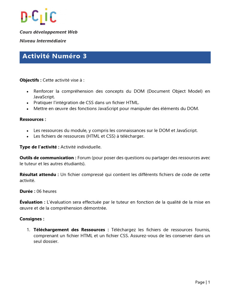 Activité JavaScript : Manipulation DOM | PDF | Programmation web ...
