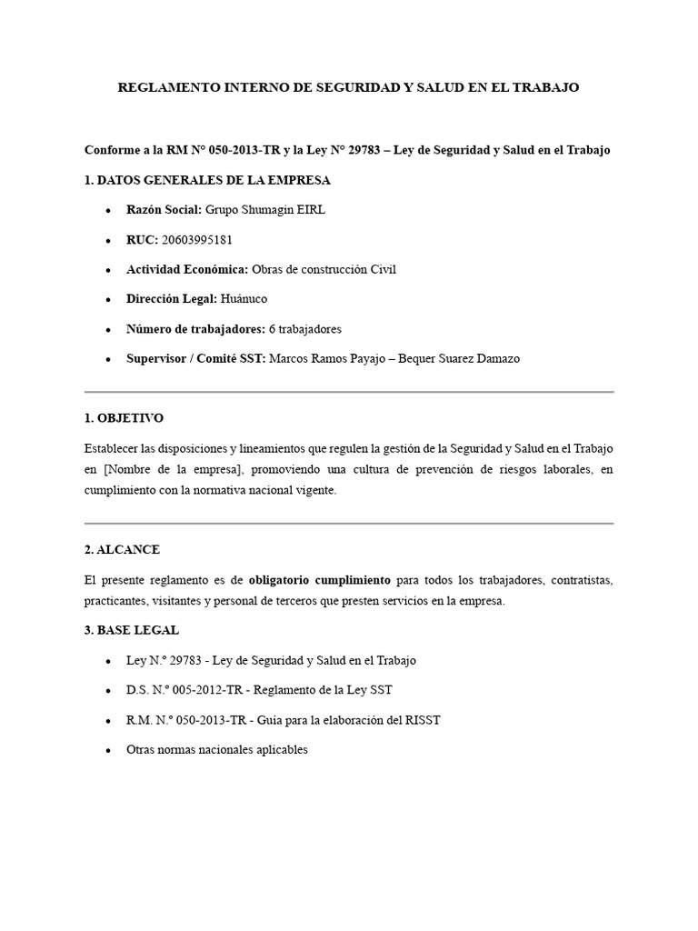 Reglamento de Seguridad y Salud Laboral | PDF | Seguridad y salud ...