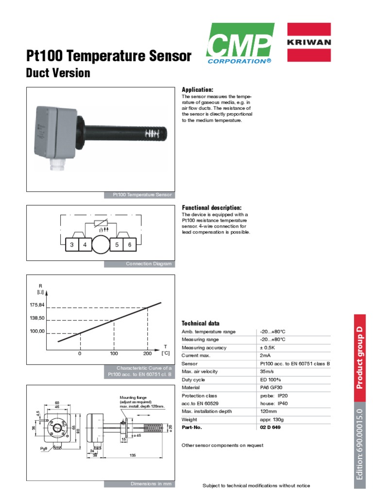 Pt100 Temperature Sensor Datasheet | PDF | Science & Mathematics ...